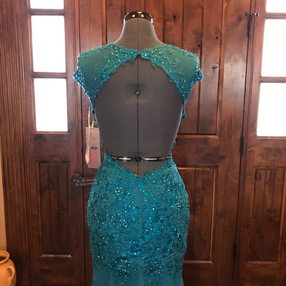 🔥JOVANI Teal Blue Jewelled Lace Prom Gown! NEW! - Picture 6 of 8